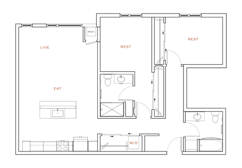 Floor plan for 2 beds, 2 baths, 1131 sqft